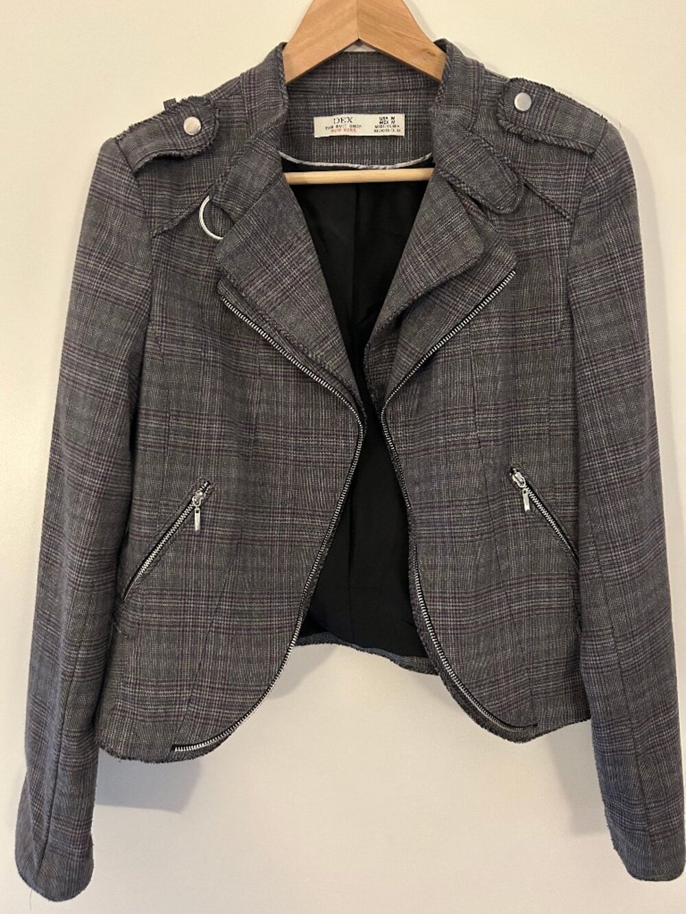 Dex Grey Plaid Suiting Moto Jacket Raw Edge Biker Blazer Size M